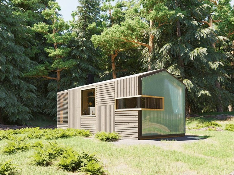 Cabaña prefabricada y sostenible inspirada en el juego Minecraft
